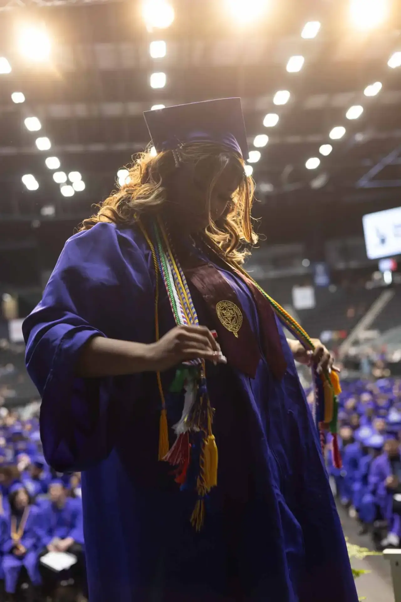Un graduado con toga y birrete azul sostiene coloridos cordones de honor en un auditorio brillantemente iluminado y lleno de compañeros, transmitiendo orgullo y logro.